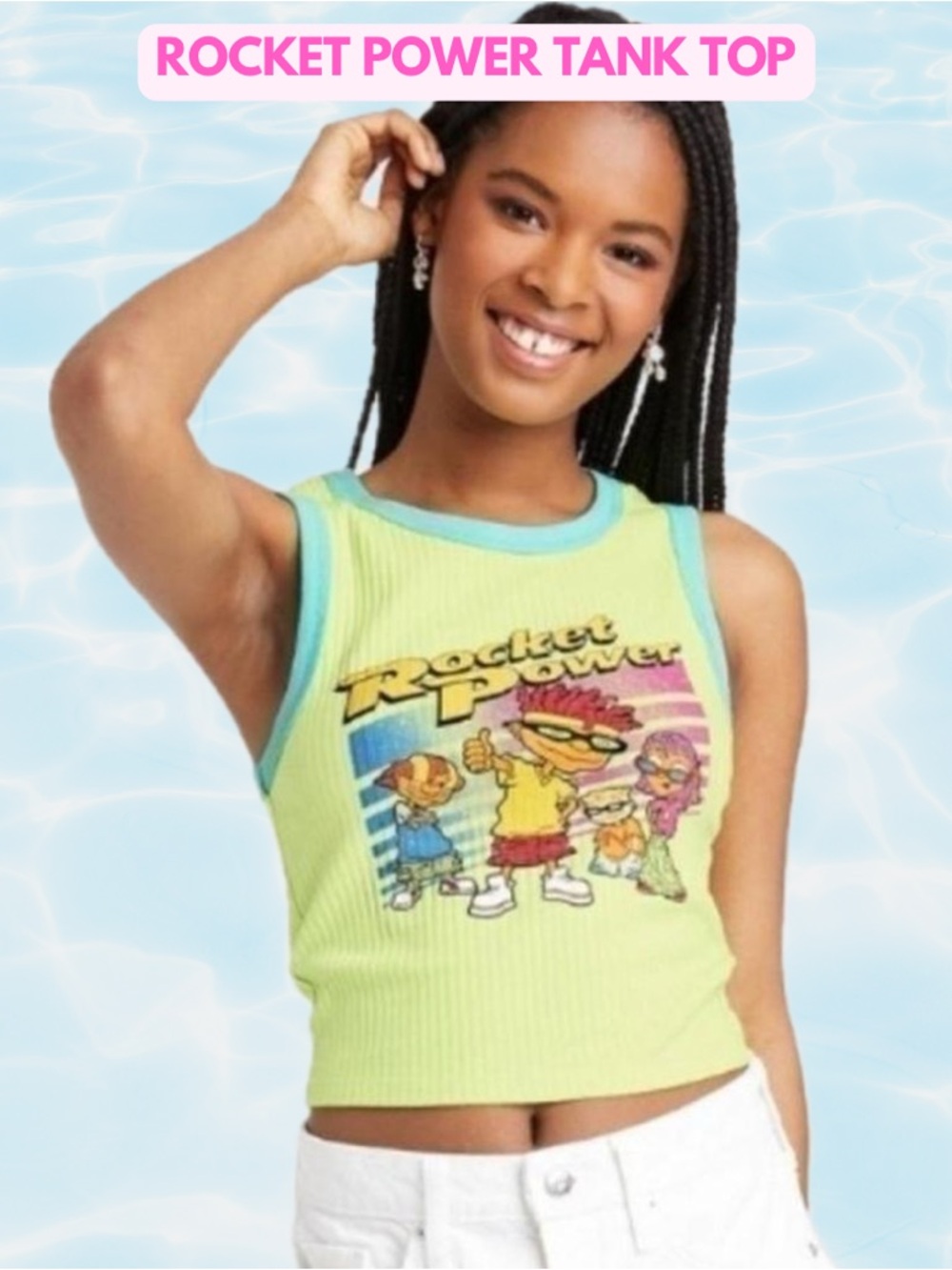Nickelodeon Rocket Power Lime Green Ribbed Tank with Aqua Trim